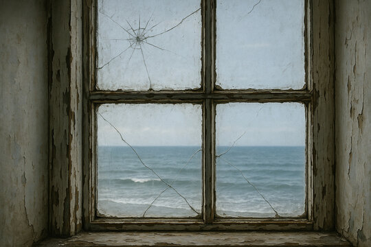 Fototapeta The vast, calm sea is seen through a broken and decaying window frame.