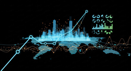 Global business and financial data visualization with a glowing city skyline, world map, and upward trending graphs on a dark background
