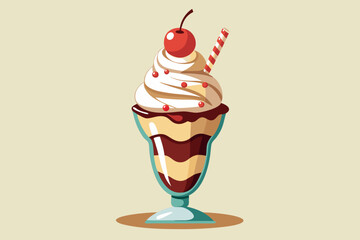 Delicious ice cream sundae with cherry and straw isolated on white background