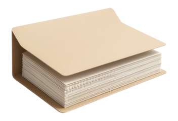 A beige file folder with a stack of white papers neatly organized inside on transparent background.