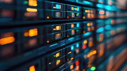 Modern Blurred Data Center Server Equipment Hosting Network Infrastructure