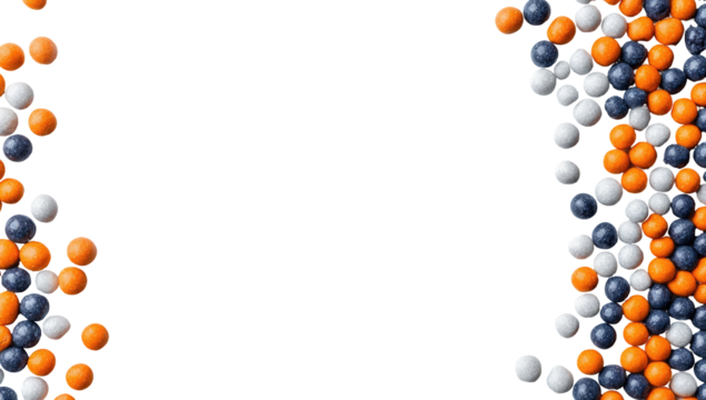 Colorful spherical candies frame a black background