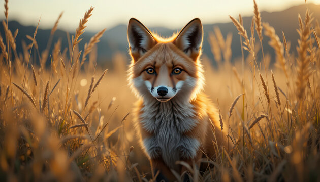 A stunning red fox with piercing golden eyes sitting calmly in a field of tall golden grass at sunset