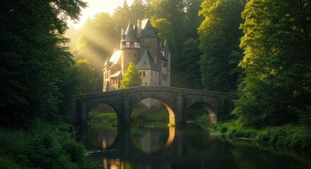 Sunlit castle by a river