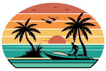 Tropical beach sunset scene with palm trees, boat and man on isolated background