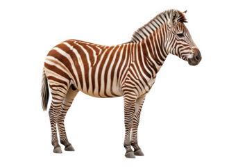A striking zebra with its distinctive black and white stripes standing calmly, isolated on a transparent background