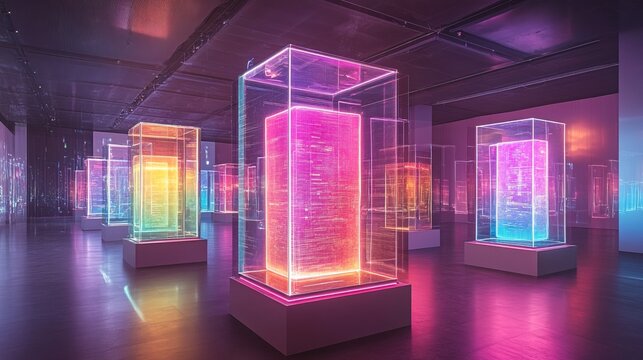 Futuristic Neon Display of Data Cubes in Glass Cases Exhibition