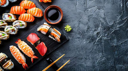 Delicious Variety of Sushi on a Slate Surface for Food Lovers