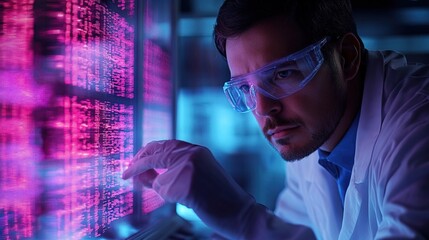 Focused Researcher Examining Data on Holographic Display Screen in Lab