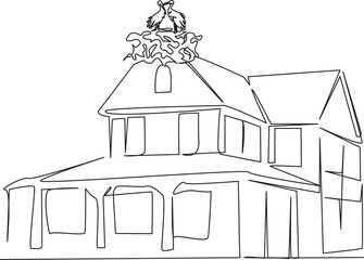 One continuous single drawing line art flat doodle bird, stork, animal, house, sky, rooftop, animal nest. Isolated image hand draw contour on a white background, hand drawn, not AI