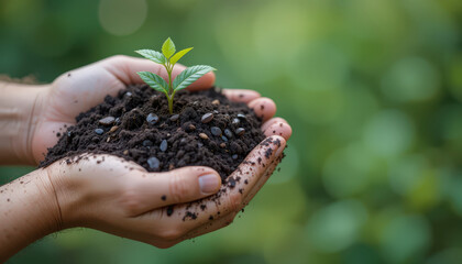 A child's hands gently hold a small green plant seedling with soil and roots, ready for planting, on a natural green bokeh background