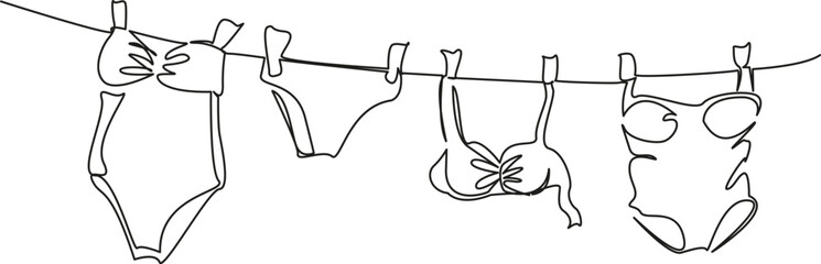One continuous single drawing line art flat doodle panty, underclothing, rope, laundry, lingerie, string, clothespin. Isolated image hand draw contour on a white background, hand drawn, not AI
