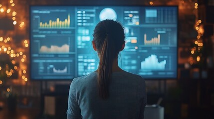 Back View of Woman Analyzing Financial Graph and Chart on Big Screen