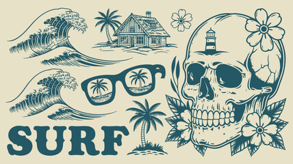 Surf Culture Vector Set &ndash; Ocean Waves, Marine Wildlife, and Coastal Elements in Vintage Beach Style for Summer Adventure and Tropical Lifestyle Designs

