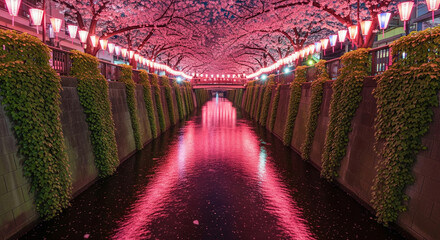 Cherry blossom trees and lanterns illuminating Nakameguro river canal in Tokyo, Japan during hanami spring night festival