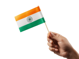 A person's hand firmly grasps the India flag, fluttering in the breeze
