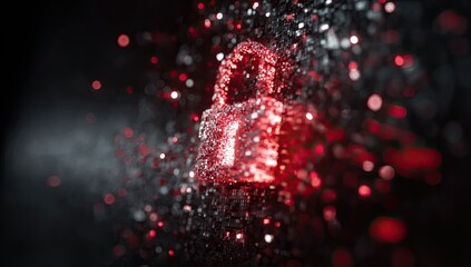 Red lock symbol amidst sparkling particles