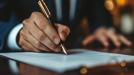 Close up Professional Male Hand Signs a Document with Golden Pen