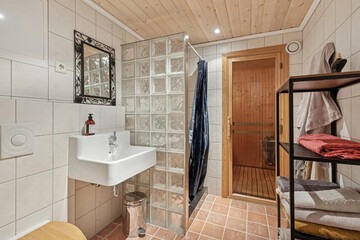 Modern bathroom interior in minimal scandinavian style, 3d render