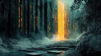 Dramatic Digital Ancient Gateway With Waterfall Steps and Glowing Symbols
