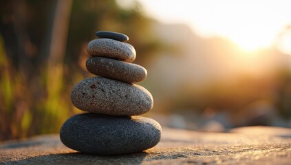 Stacked stones balancing in sunlight.  Blurred natural background