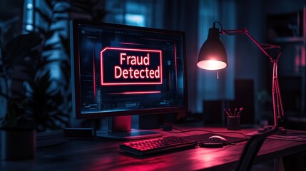 Modern Workplace Setup with Computer Showing "Fraud Detected" Neon Sign