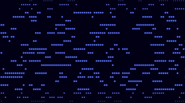 Looped animation of glowing blue pixel dots on dark background forming abstract digital pattern. Futuristic minimal tech code grid with dynamic rhythm. Morse-inspired cyber data visualization