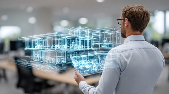 Arquitecto revisando modelo arquitectónico digital transparente - Powered by Adobe