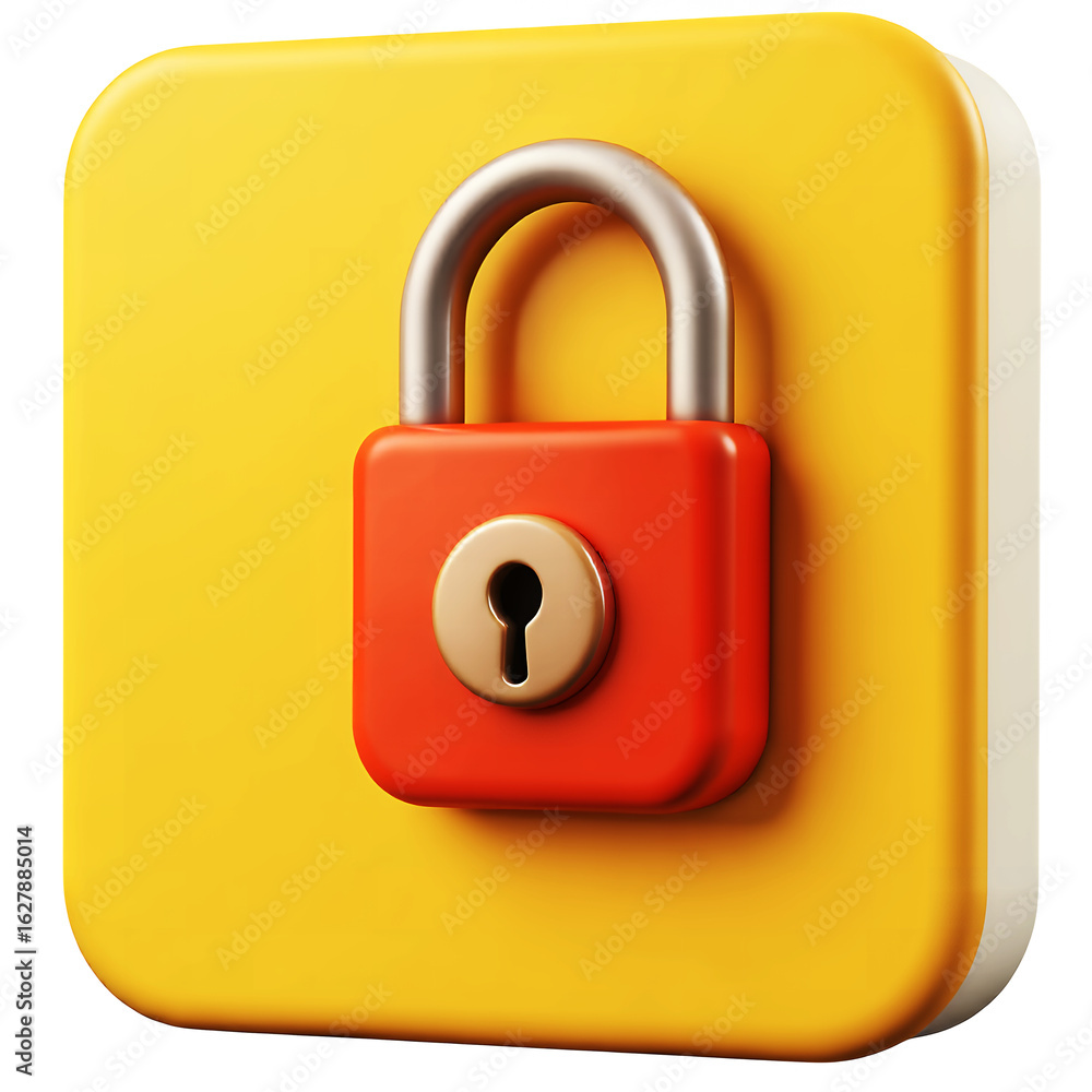 Poster a rendered image showcasing a red padlock with a silver shackle on a yellow rounded square backgroun