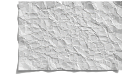 Crumpled and textured sheet of white paper with visible creases and folds, casting a soft shadow on a transparent background