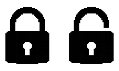 Set of Padlock templates in pixel art style. Black solid security symbols: locked and unlocked. Protection, access, labels. Isolated on white background.