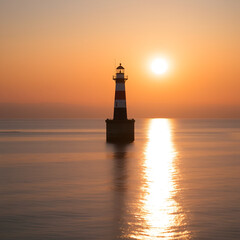 A Lighthouse Stands Alone in a Calm Sea at Sunset