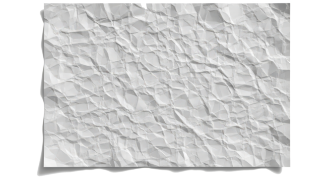 Crumpled and textured sheet of white paper with visible creases and folds, casting a soft shadow on a transparent background
