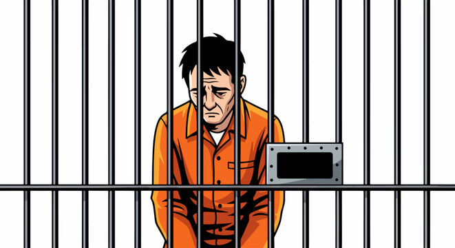 Prisoner behind bars in a prison cell. Prisoner in orange jumpsuit with a somber expression, standing dejectedly behind cold steel bars, his fate sealed, representing prison life and incarceration.
