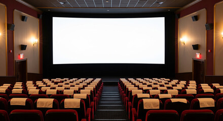 Empty cinema theater with red seats and blank white screen, classic movie theater interior with soft lighting, ready for film screening, entertainment concept background