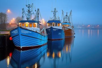 Fototapeta premium Fishing boats reflecting in calm harbor at twilight