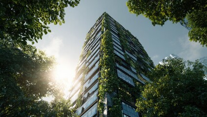 Fototapeta premium Lush green foliage surrounds a modern, tall building