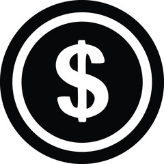 Simple black and white icon of a coin featuring a prominent white dollar sign centered within a circle