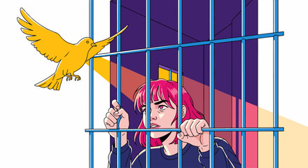 Behind jail bars: illustration showing woman with sad look and hands holding bars, prison confines represent struggle. Freedom symbolism emerges as yellow canary flies near cell.