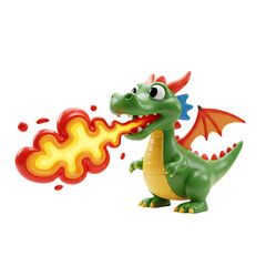Fototapeta premium Cute cartoon green dragon breathing fire isolated on transparent background