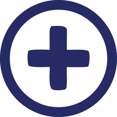 A simple bold navy blue cross symbol is centrally placed within a thick circular outline on a clean white background