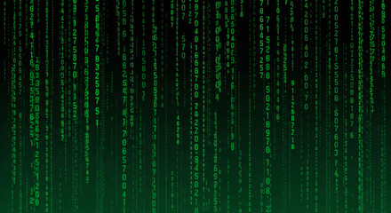 Green matrix digital code rain effect background, futuristic cyber data stream animation, abstract hacker coding binary numbers for sci-fi or tech concept