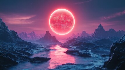 Surreal Digital Art Glowing Orb Over Mountain Landscape with River