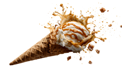 Ice cream cone with a caramel texture floating in the air, with splashes of milk against.
