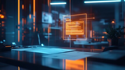 Futuristic Glowing Document Hologram Over Desk In Neon Lit Office