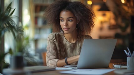 Natural Light Professional African American Woman Working On Laptop At Home