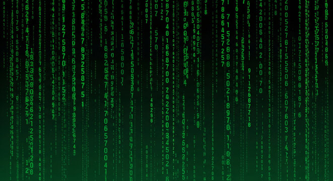 Green matrix digital code rain effect background, futuristic cyber data stream animation, abstract hacker coding binary numbers for sci-fi or tech concept