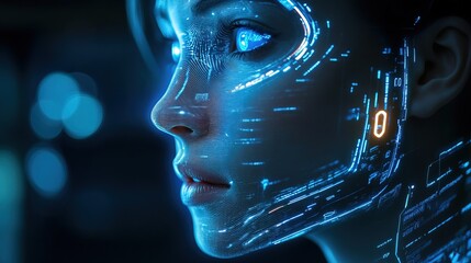 Futuristic Digital Female Face with Glowing Technology Data Interface Art
