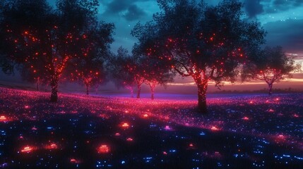 Dreamy Ambient Illuminated Trees in Enchanted Field at Twilight Illustration