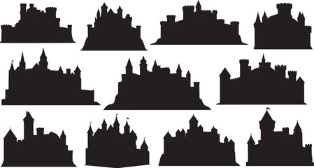 Fototapeta premium Set of castle silhouettes in various architectural styles. Includes medieval, fairytale, gothic, and fantasy castles. Ideal for historical designs, fantasy themes, storytelling, and decorative artwork
